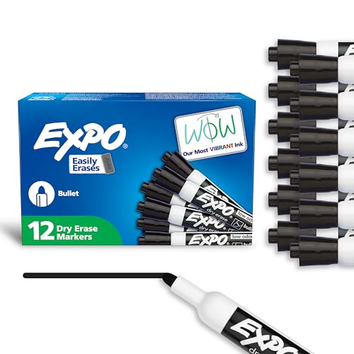EXPO Dry Erase Markers, Low Odor Ink, Black, Bullet Tip, 12 Count - Whiteboard, Calendar, Organization, Essential Supplies for Office, School, Classroom, Teachers - size: 12-Count
