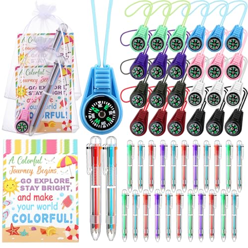 24 Set Graduation Gift Bulk End of Year Student Gifts 6 in 1 Multicolor Ballpoint Pen and Mini Compass with Cards and Organza Bags Classroom Gifts for Pre K Kindergarten