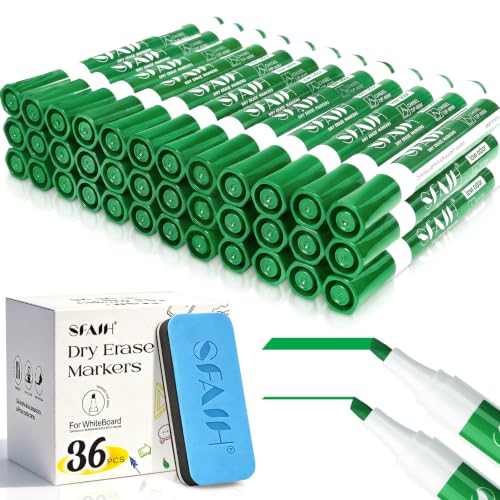 SFAIH Dry Erase Markers Chisel Tip with Magnetic Whiteboard Eraser, 36 Bulk Green White Board Markers for Teachers, Versatile Lines, 1s Quickly Dry, Essential Supplies for Office Teacher - color: Green