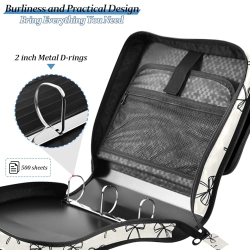 Black Bow Pattern Zipper Binder 3 Ring with Handle and Shoulder Strap, 500 Sheet Binder Organizer Capacity & Multi-Pockets for School Office - color: Aa06