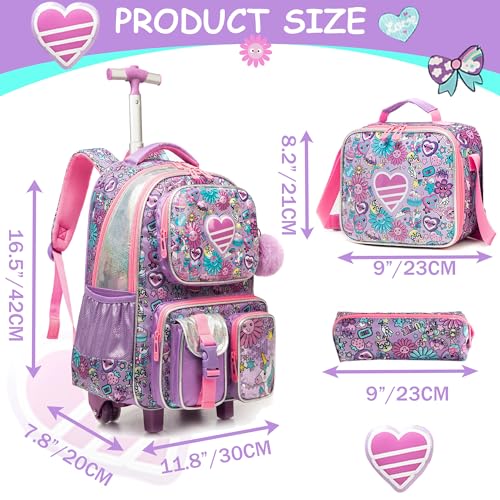 Meetbelify Kids Rolling Backpack with Wheels for Girls Rolling Backpacks with Lunch Box for Elementary School Students 3 in 1 Travel Luggage Suitcase for Girls Age 8-10 - color: Girl 01