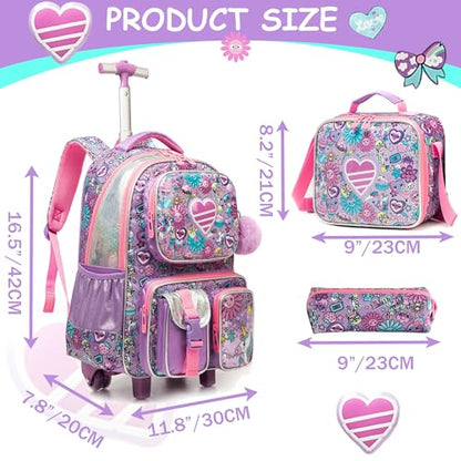 Meetbelify Kids Rolling Backpack with Wheels for Girls Rolling Backpacks with Lunch Box for Elementary School Students 3 in 1 Travel Luggage Suitcase for Girls Age 8-10 - color: Girl 01