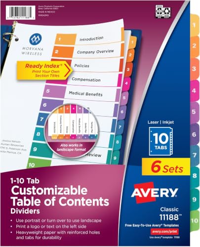Avery 10 Tab Dividers | Multicolor Tabs | Table of Contents | For 3 Ring Binders | Pack of 48 - size: 10 tabs (Pack of 8)