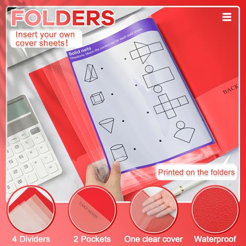 Henoyso 24 Pcs School and Home 2 Pocket Folders with 4 Clear Inner Pockets Plastic Heavy Duty Homework Folders Parent Teacher Communication for Student Home Office Classroom,11 x 9 Inch (Red) - color: Red