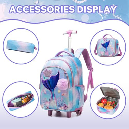 Kids Rolling Backpack for Girls Trolley Suitcases Luggage Travel with Wheels Bookbag Wheeled 17" 3PCS Roller Backpacks Toddler Back Pack School Bags Set for Elementary Mermaids Sky Blue - color: 5225-yuweiba-sky Blue