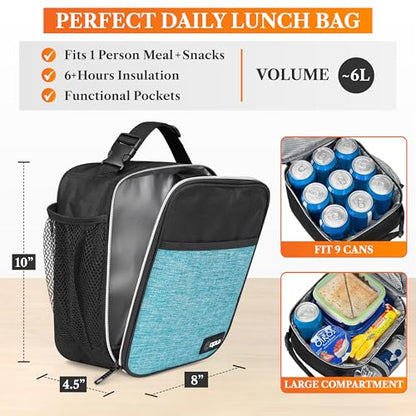 opux Insulated Lunch Bag for Kids Boys Girls, Small Compact Lunch Box with Wide Opening & Mesh Pockets, Reusable Lunch Pail for School, Work, Adults, Men, Women, Turquoise - color: Heather Sea Blue