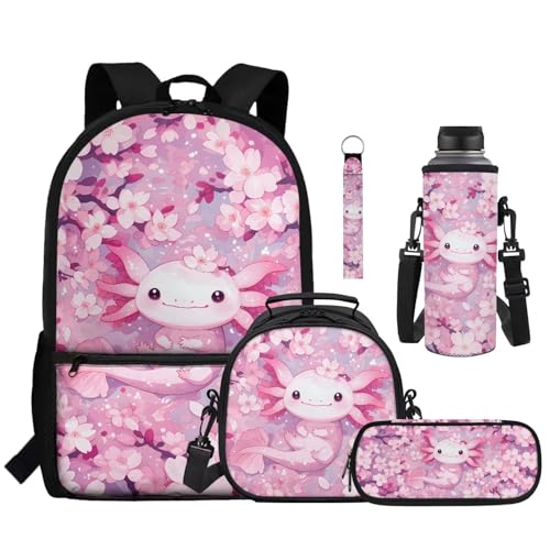 Cute Axolotl Kids School Bag Set 5 Pieces with Lunch Bag Pencil Case and Water Bottle Holder Large Capacity Backpack for Elementary School Students - color: Cute Axolotl