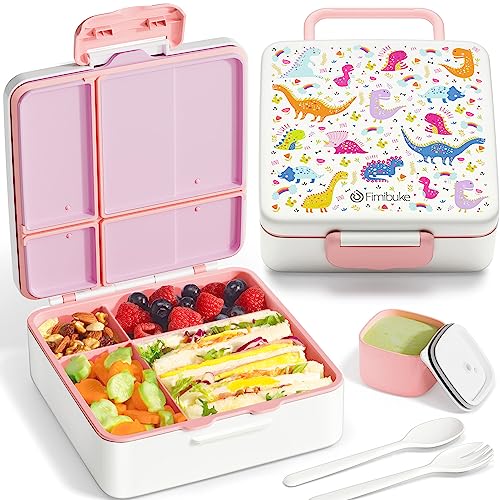 Fimibuke Bento Lunch Box for Kids, Toddler Bento Box with 4 Compartments | Leak Proof BPA Free Dishwasher Safe Lunch Container with Utensils, Ideal Portion Sizes for Ages 3-12 Girls Boys for School - color: A13. White Dinosaur
