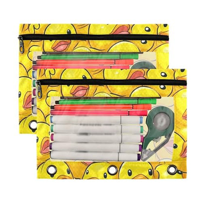 Kcldeci Pencil Pouch for 3 Ring Binder, Cartoon Rubber Ducky 2 Pack Binder Pencil Pouch with Clear Window Pencil Bags with Zipper Pencil Case for Binder - color: A06