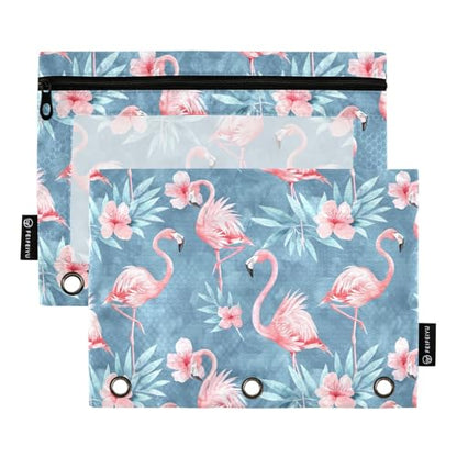 Fustylead Beautiful Pink Flamingos and Floral Leaves Pencil Pouch Fits Standard 3-Ring Binders, Zipper Binder Pencil Bag with Clear Window for School Office Cosmetic 2 Pack - color: Blue02 Flamingo