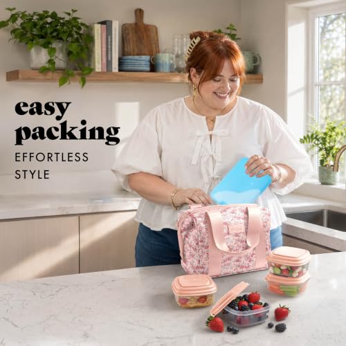 Fit & Fresh Remi Lunch Bag for Women Work – Neoprene Lunch Tote with Containers & Ice Pack, Reusable Meal Prep Lunch Box, Large Capacity, Machine Washable - color: Pink Ditsy Flowers