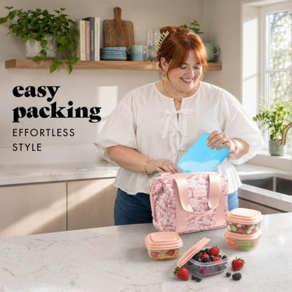 Fit & Fresh Remi Lunch Bag for Women Work – Neoprene Lunch Tote with Containers & Ice Pack, Reusable Meal Prep Lunch Box, Large Capacity, Machine Washable - color: Pink Ditsy Flowers