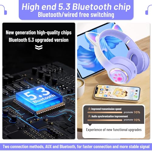Cat Ear Bluetooth Kids Headphones, LED Lights, Safe Volume, Foldable | Safe 85dB volume limit, Bluetooth 5.0, LED cat ears, built-in mic, TF card slot, foldable & adjustable for ages 3-12 - color: 1