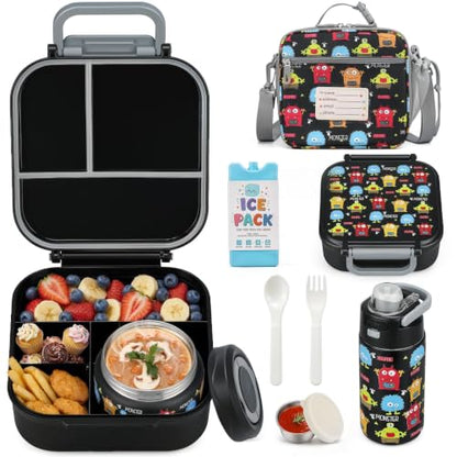 Bento Lunch Box for Kids with 7oz Soup Thermo,Insulated Stainless Steel Kids Water Bottle with Straw and Insulated Lunch Bag,Leak-Proof Lunch Food Container with Ice Pack for School(Black-Cute) - color: Black-Cute