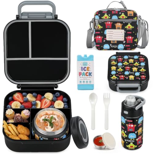 Bento Lunch Box for Kids with 7oz Soup Thermo,Insulated Stainless Steel Kids Water Bottle with Straw and Insulated Lunch Bag,Leak-Proof Lunch Food Container with Ice Pack for School(Black-Cute) - color: Black-Cute