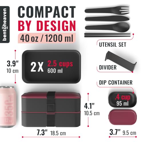 Bentoheaven Bento Box Adult, Stackable Lunch Box, 40 oz, Very Berry | BPA-free, leakproof and microwave-safe with 2 compartments, utensils, chopsticks, divider and sauce cup for men and women. - color: Very Berry