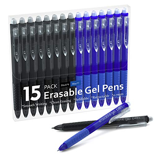 Lineon Erasable Gel Pens, 15 Pack Retractable Erasable Pens Clicker, Fine Point, Make Mistakes Disappear, 8 Black 7 Blue Inks for School & Office - color: 15 Pack Black Blue