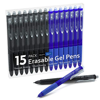 Lineon Erasable Gel Pens, 15 Pack Retractable Erasable Pens Clicker, Fine Point, Make Mistakes Disappear, 8 Black 7 Blue Inks for School & Office - color: 15 Pack Black Blue