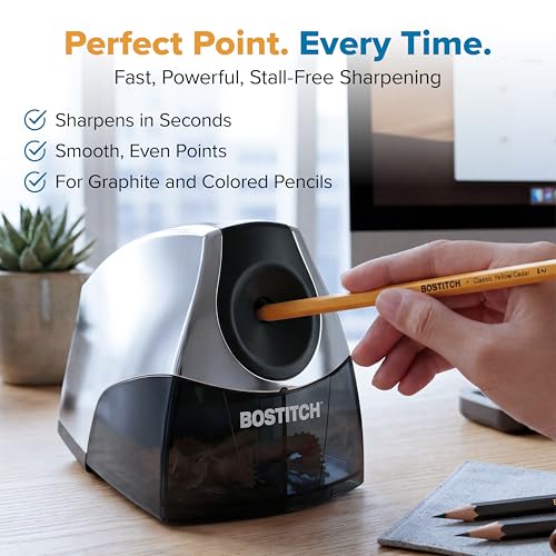 Bostitch Office Electric Pencil Sharpener for Classroom & Desk Use, Heavy-Duty Stall-Free Motor, High-Capacity Shavings Tray, Chrome - color: Chrome