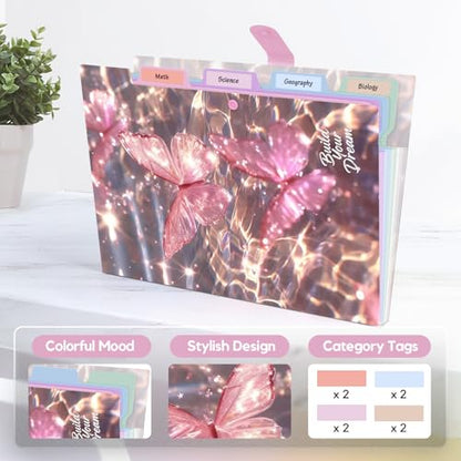 Cute Expanding File Folder - 5 Pockets Accordion Document Organizer, Waterproof Poly Plastic, A4/Letter Size for School Office Home - Butterfly Pink - style: Butterfly Pink