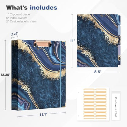 Ospelelf 3 Ring Binder, 1.5 Inch, Letter Size (11" x 8.5") with 5 Tab Dividers, File Folder Labels and Low Profile Clipboards, Blue Marble Binder for School and Office Supplies - color: Blue Marble, size: 1.5in（Letter Size）