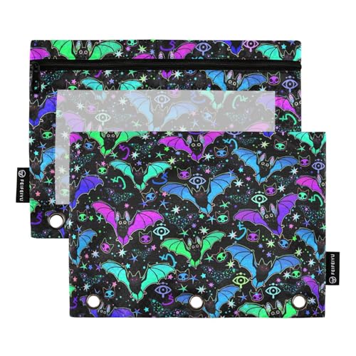 Psychedelic Bat Pencil Pouches for 3 Ring Binder2 Pack | Ring Binder Pencil Case With Zipper Reinforced GrommetsPencil Bags for Office Organizers - color: Psychedelic Bat