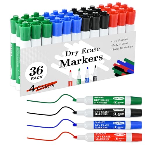 SUQJOY Dry Erase Markers, 36 Pack Bold Bullet Tip Whiteboard Markers, 9 Black, 9 Blue, 9 Red and 9 Green, Low Odor Bulk Markers for Classroom, Teachers and Office - color: 36 Count 4 Colors