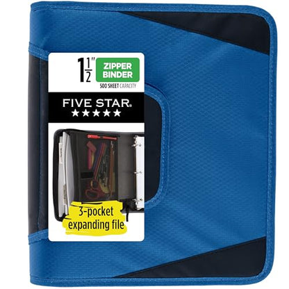 Five Star Zipper Binder, 1-1/2 Inch 3-Ring Binder with Round Rings, 3-Pocket Expanding File, 500 Sheet Capacity, Blue (72202) - color: Blue