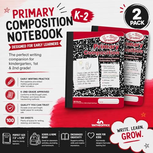 1InTheOffice Primary Composition Notebook K-2, Primary Journal, Kindergarten Notebook, 7.5" x 9.75", 100/Sheets, Red/Black Marble, 2 Pack