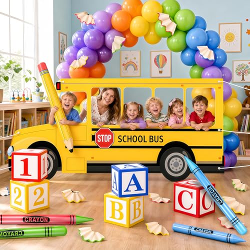 19 Pcs Back to School Decorations Set, School Bus Backdrop, Giant Inflatable Jumbo Crayons & Pencil Balloons, ABC 123 Letter Boxes for First Day of School Kindergarten Preschool Classroom Decor