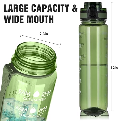 OLDLEY Water Bottle, 32oz Motivational Sports Water Bottle with Time Marker - Times to Drink - Tritan, BPA Free, Wide Mouth Leakproof,Olive - color: Olive