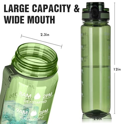 OLDLEY Water Bottle, 32oz Motivational Sports Water Bottle with Time Marker - Times to Drink - Tritan, BPA Free, Wide Mouth Leakproof,Olive - color: Olive