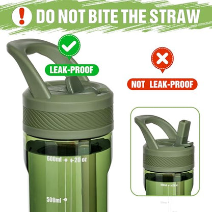 OLDLEY 20oz Kids Water Bottle with Straw, BPA-Free Tritan Water Bottle for School, Leakproof Clear Water Bottle with One Click Open, Measurement Scale, Cup Holder Friendly for Boys Girls,Army Green - color: Army Green