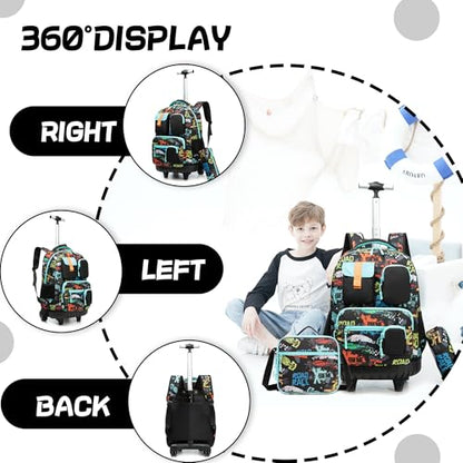 Meetbelify Rolling Backpack for Girls Boys Backpacks with Wheels Kids Carry on Luggage for Girls Boys - color: Boy Black