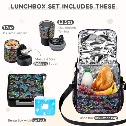 Pawtong Lunch Box Set with Bento Box Container, 17OZ Stainless Steel Food Soup Thermo, Kids Water Bottle & Portable Insulated Lunch Bag – Leakproof, Hot/Cold Retention for School, Travel (Black-Game) - color: Black-Game