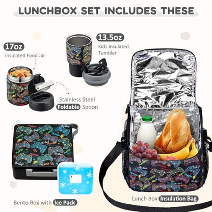 Pawtong Lunch Box Set with Bento Box Container, 17OZ Stainless Steel Food Soup Thermo, Kids Water Bottle & Portable Insulated Lunch Bag – Leakproof, Hot/Cold Retention for School, Travel (Black-Game) - color: Black-Game