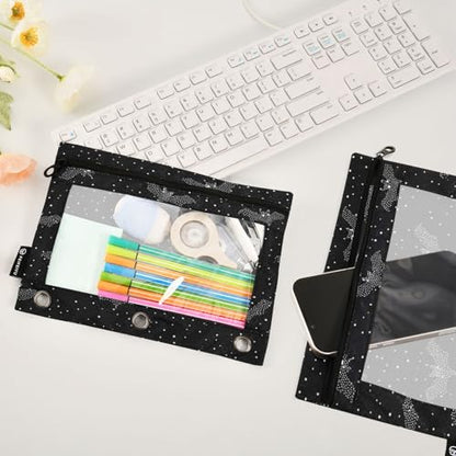 2 Pack Pencil Pouches for 3 Ring Binder Bat Pattern Zipper Pencil Case Bags with Clear Window for Classroom School Office Supplies - color: Halloween Bat