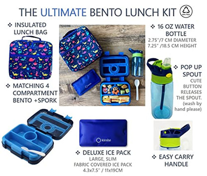 Bento Lunch Box with Bag, Water Bottle & Ice Pack Set for Kids Toddlers, 4 Portion Sections, Removable Tray, Pre-School Boy Toddler Daycare Lunches, Insulated Snack Container, Blue Space Dinosaur - color: Blue Rocket Dinosaur Set