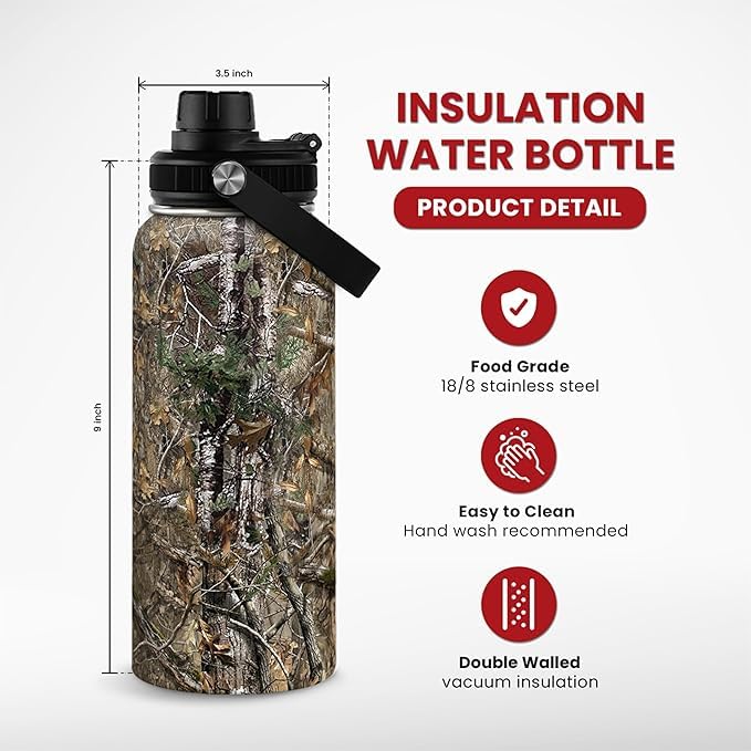 Camouflage Insulated Stainless Steel Water Bottle 32oz, Vacuum Chug Lid Travel Tumbler for Men Friends Dad Hunter Hunting Lovers, Birthday Christmas Father's Day - color: Camouflage 5