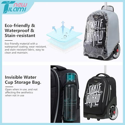 NEW TILAMI 19 inch Rolling Backpack Teens Rolling Backpack Cute Wheeled Laptop Backpack Bookbag Roller Travel Bag College, Skate Board - color: Black Skate Board