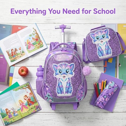 Kids Rolling Backpack for Girls Cat Trolley Suitcases Luggage with Wheels Bookbag Wheeled 3pcs on Lunch Box Pencil Case Elementary Teenagers Purple for Girls Age 5-12 - color: Purple-0130-maomi