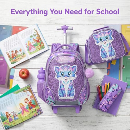 Kids Rolling Backpack for Girls Cat Trolley Suitcases Luggage with Wheels Bookbag Wheeled 3pcs on Lunch Box Pencil Case Elementary Teenagers Purple for Girls Age 5-12 - color: Purple-0130-maomi
