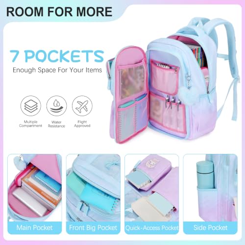 Jafeton Backpacks for Girls, Girls Backpack with Insulated Lunch Bag and Pencil Case for Kids Teens Elementary Middle High School Student, Cute Bow School Bag Travel Daypacks Book Bag Set - color: Blue Purple