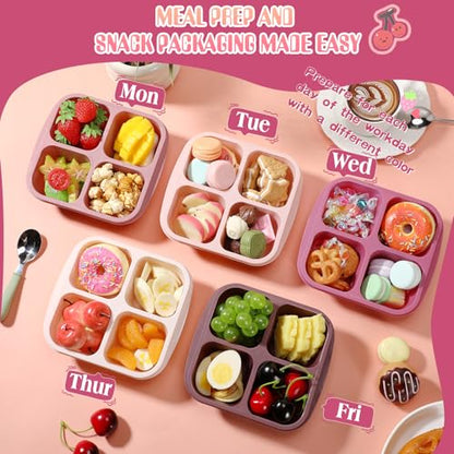 Honeydak 5 Pack Snack Containers 4 Compartment Bento Snack Boxes Reusable Lunchable Containers with Lids Divided Meal Prep Lunch Food Storage Box for School Work Travel(Rose Red Ombre,Equal) - color: Rose Red Ombre, style: Equal