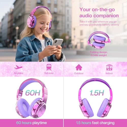 QearFun Kids Bluetooth Headphones, 60H Playtime, 74/85/94dB Safe Volume Limit, Metallic Gradient Wireless Headset with HD Mic, Fast Charging, Foldable, Wired 3.5mm Mode for School/Tablet/Travels - color: A-Purple
