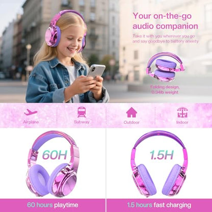 QearFun Kids Bluetooth Headphones, 60H Playtime, 74/85/94dB Safe Volume Limit, Metallic Gradient Wireless Headset with HD Mic, Fast Charging, Foldable, Wired 3.5mm Mode for School/Tablet/Travels - color: A-Purple