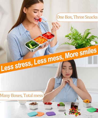 KTKUDY 5 Pack Stainless Steel Snack Containers for Kids & Adults - Large - Leak-Proof 3-Compartment Stackable Snack Lunch Boxes for School, Work & Travel - size: 5 Pack-3 Sections
