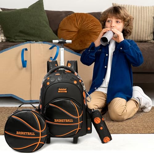 Kids Rolling Backpack Roller Backpack with Wheels Elementary Kindergarten Students Basketball Trolley School Bag for School Boys - color: Black