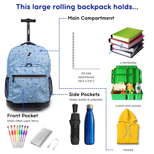 J World Sunrise Kids Rolling Backpack with Wheels for Girls Boys, Roller Bookbag for School, 18 x 13 x 9 Inches, Panda - color: Panda