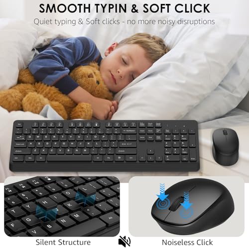 BKA BYA Wireless Keyboard and Mouse Combo,Full Size Quiet Bluetooth Keyboard and Mouse, 2.4GHz USB Receiver, Cordless Silent Keyboard and Mouse for PC, Windows, MAC, Laptop, Black